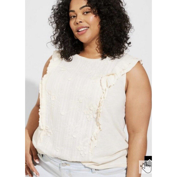 Torrid Cream Cotton Tank Ruffle Sleeve Embroidery Front Plus Size 1X Crew Neck - Picture 13 of 14
